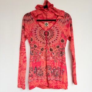 Free People Red Floral Burnout Thermal Hoodie Size L
